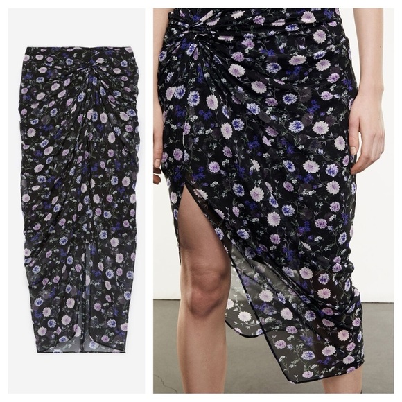 The Kooples / ruched Skirt with purple Floral Print motif buttons 0 - Picture 1 of 7